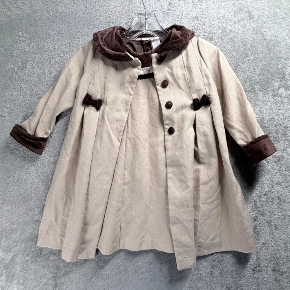 Little Bitty Girls Dress Coat 4T Velvet Trim Holiday Princess Jacket Beige Brown